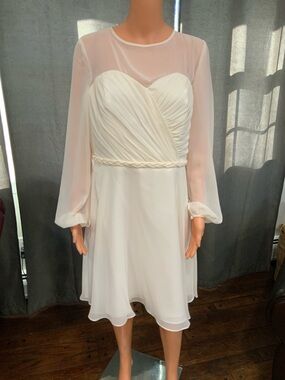 Ivory Long-Sleeve Chiffon A-Line Dress with Braided Waist